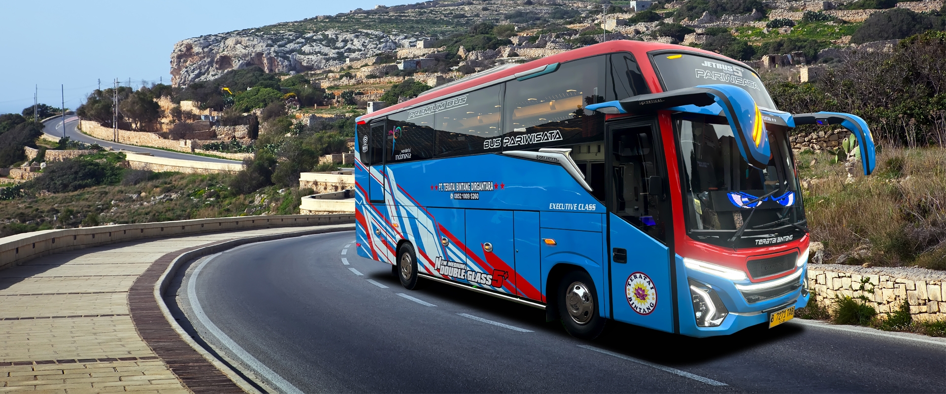 Medium Bus Pariwisata TB 08 - 35 Seats, Full AC, Reclining Seat, LED TV, Karaoke Set, USB Charger/Stop Kontak